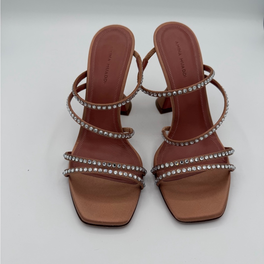 Amina Muaddi Crystal Strap Heels Brown Suede Mule Square Toe Size 38
